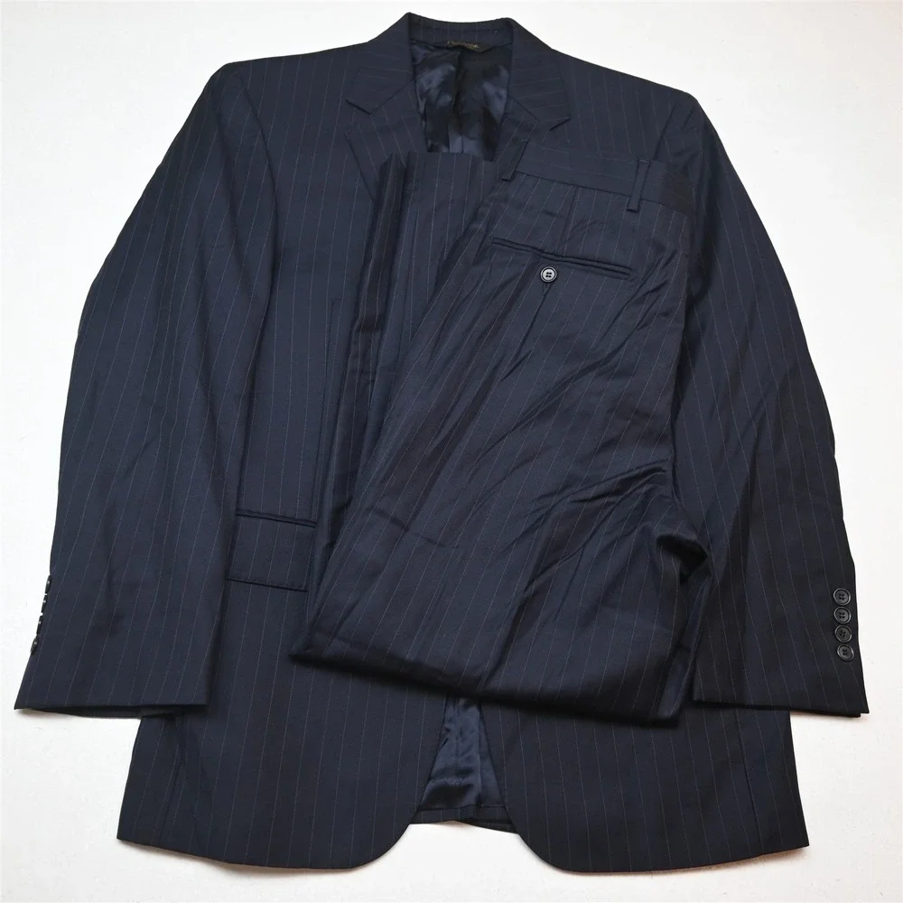 Jos A Bank 38R 32x30 Navy Blue Striped 100% Wool Gordon Mens Jacket Pants Suit